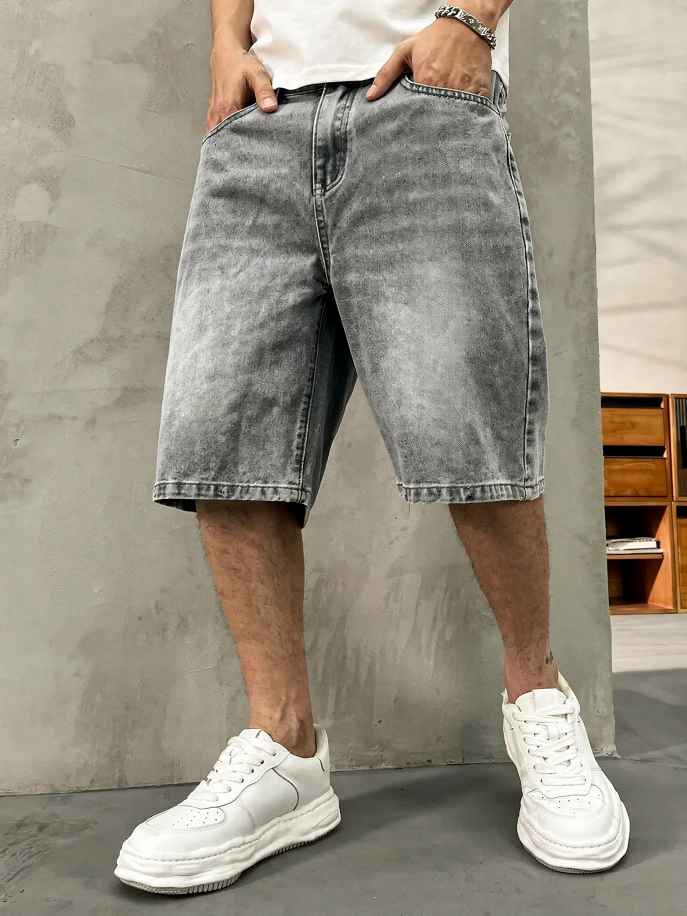 Men's washed retro color denim shorts, trendy, versatile, loose straight-leg casual streetwear denim five-point pants