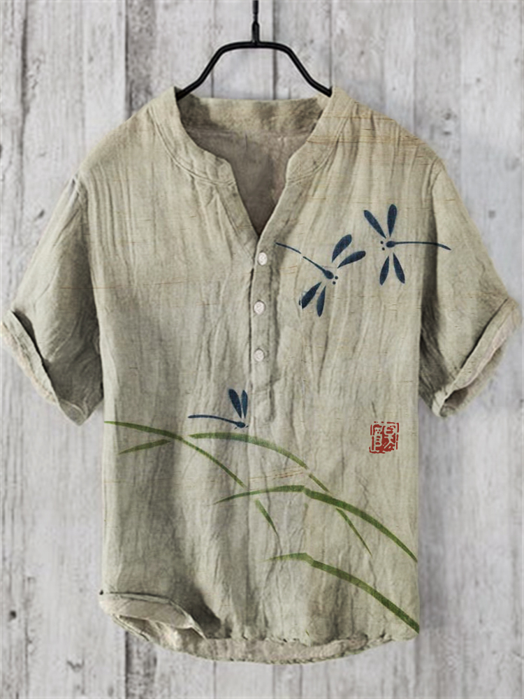 Dragonflies of Spring Japanese Art Linen Blend Shirt