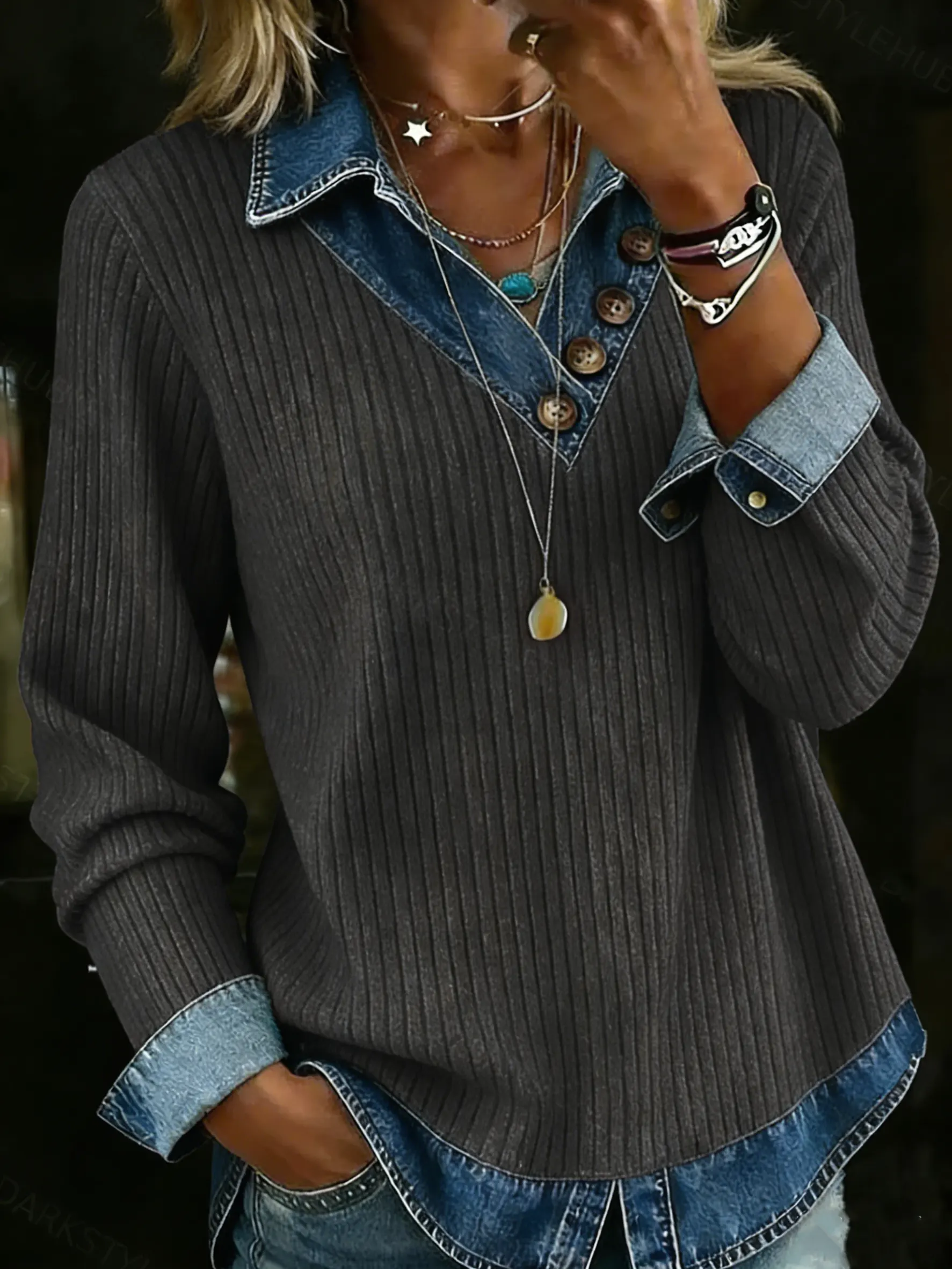 Vintage Aztec Art Print Patchwork Denim Sweatshirt