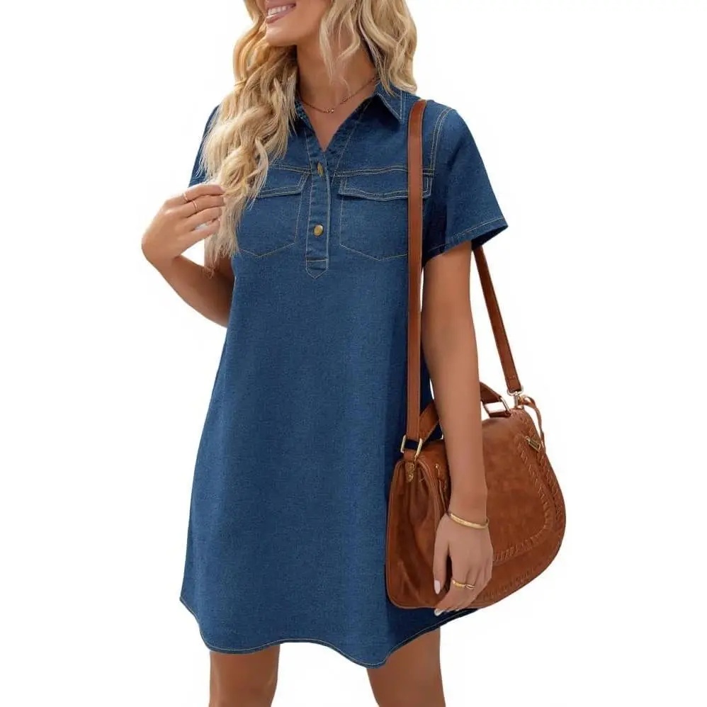 Women's Short Sleeve Denim Dress Button Down Collared Loose Fit Summer Casual Jean Shirt Mini Dresses