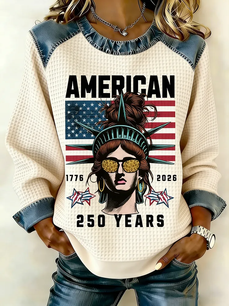 1776-2026 Patriotic American 250 Years Statue Of Liberty Waffle Knit Top