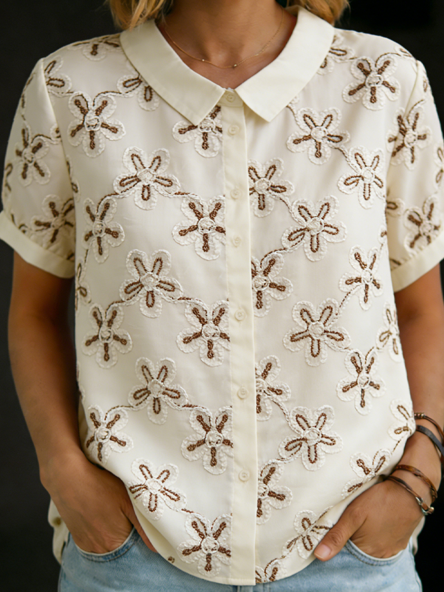 3d Embroidered Short-sleeved Cotton Shirt