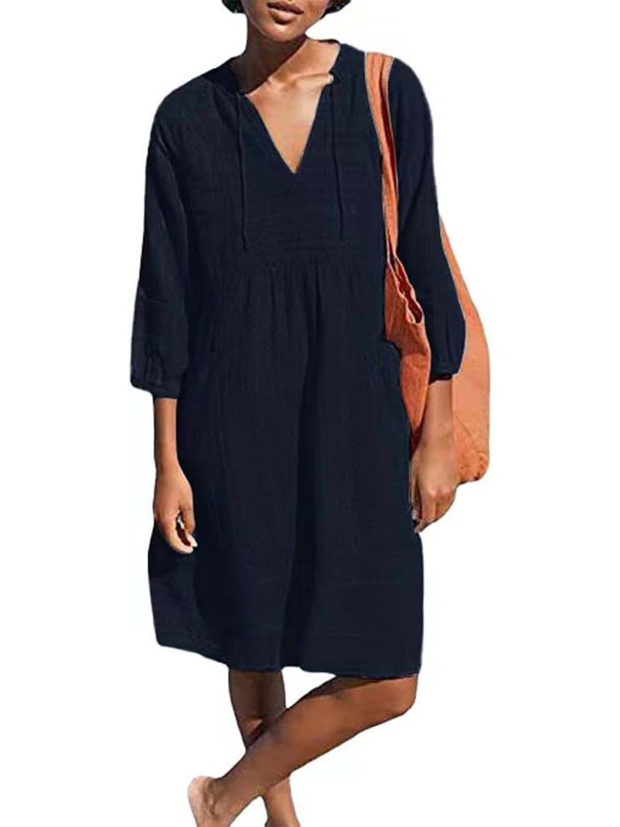 Women's Solid Color Loose Elegant Casual V-neck Pocket Cotton And Linen Dress