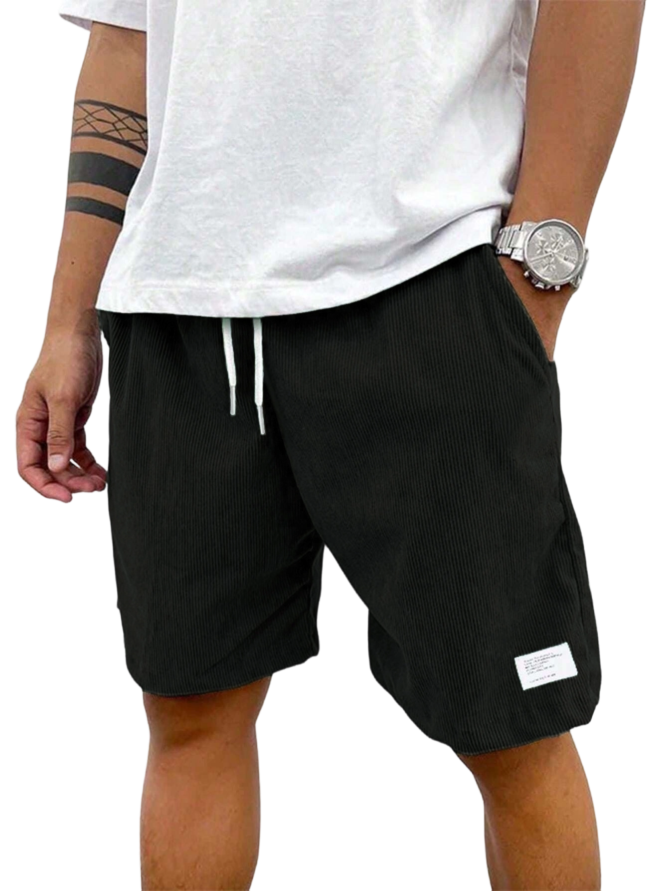 Men's Solid Patched Drawstring Waist Shorts