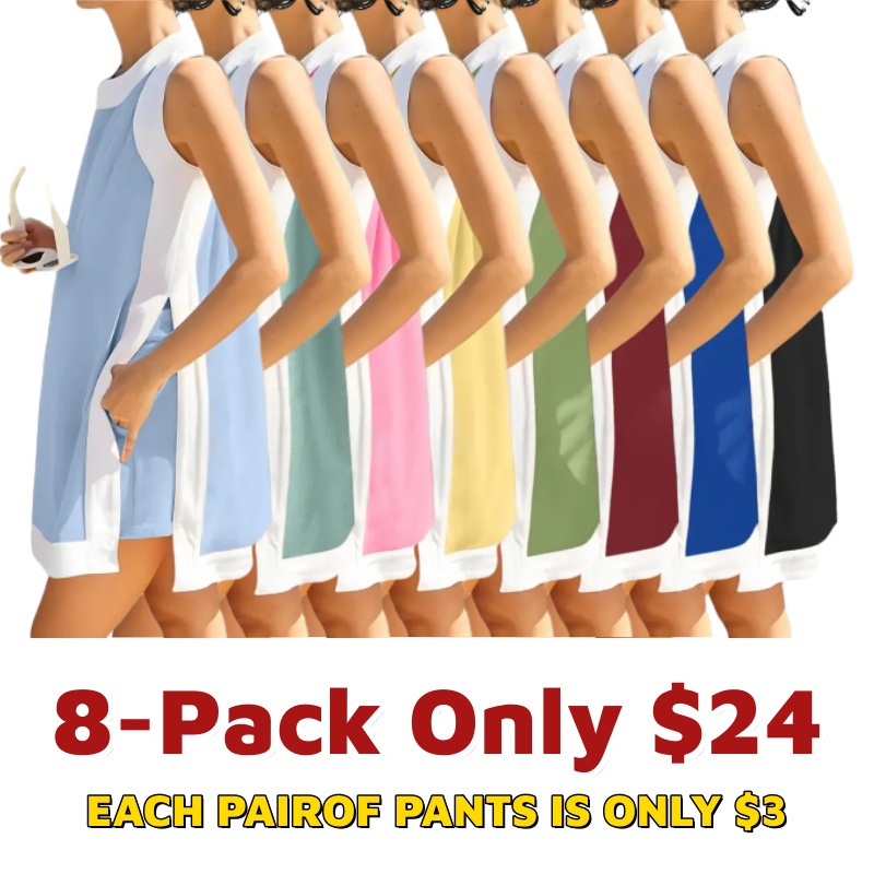 Women's Casual Two Piece Sets Color Block Crewneck Sleeveless Pullover Tops Matching Shorts With Pockets