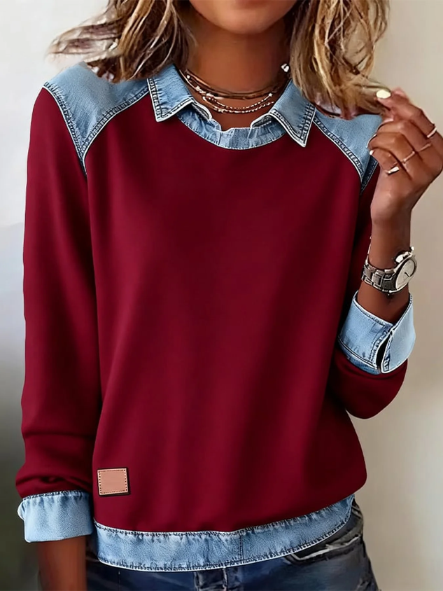 Women'S Casual Lapel Denim Stitching Pullover Sweatshirt