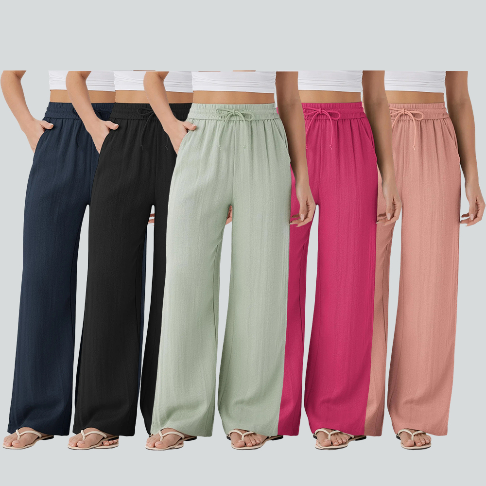 Women's High Waisted Drawstring Pocket Wide Leg Casual Linen-Feel Pants