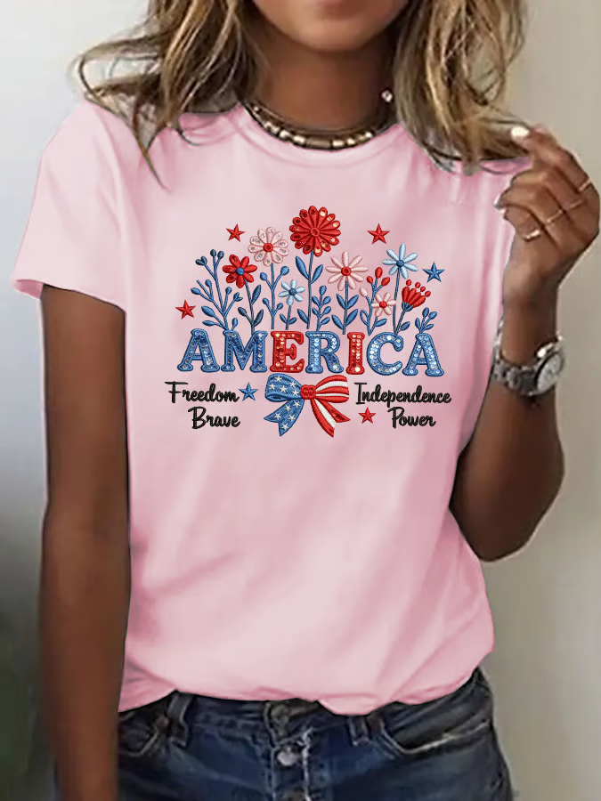 America Freedom Floral Graphic Tee with Patriotic Bow
