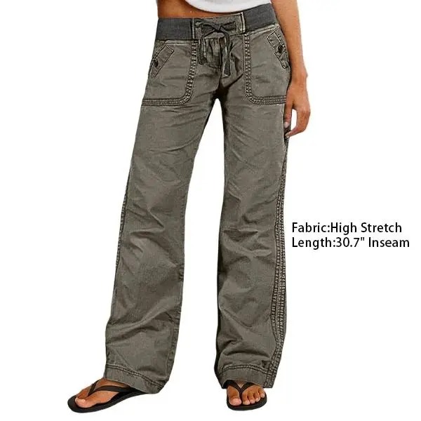 Women's Solid Seam Detail Drawstring Mid Rise Straight Leg Pants High Stretch Fabric