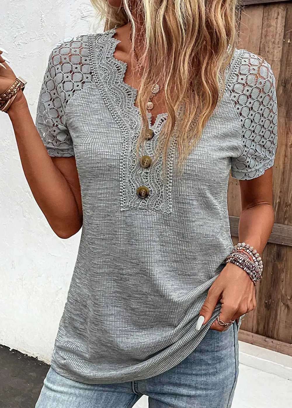 Grey Lace Short Sleeve V Neck T Shirt