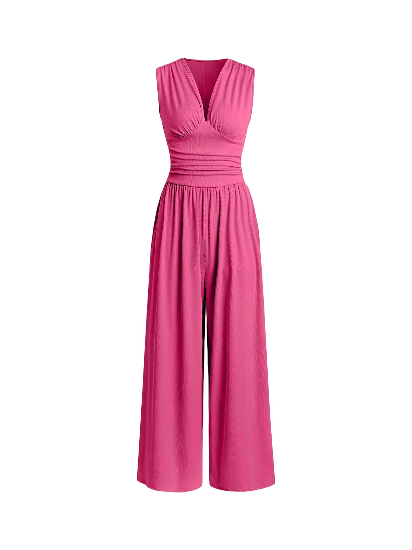 Women's Plain Ruched Deep V Neck Ribbed Fitted Jumpsuit, Elegant Sleeveless Wide Leg Jumpsuit for Summer