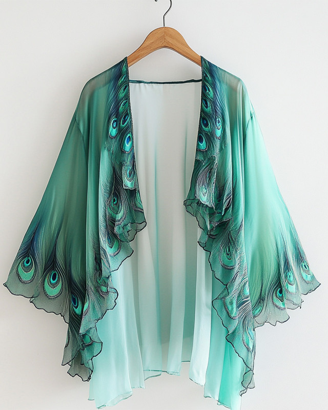 Summer comfortable handmade feather theme embroidery print gradient color cardigan 9581