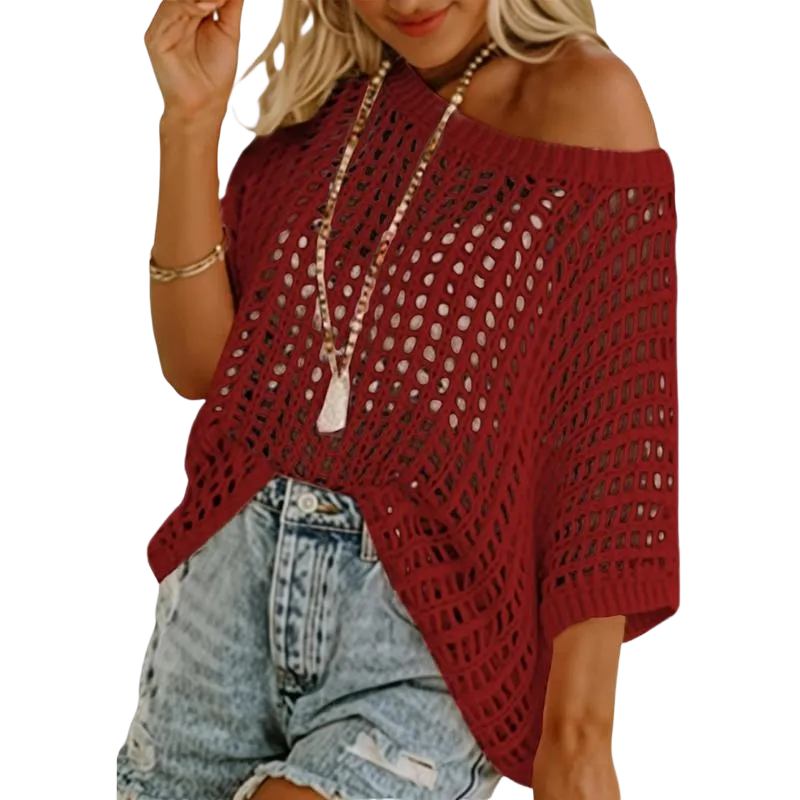 Womens Summer Scoop Neck Short Sleeve Sweater Casual Crochet Hollow Out Knit Tops