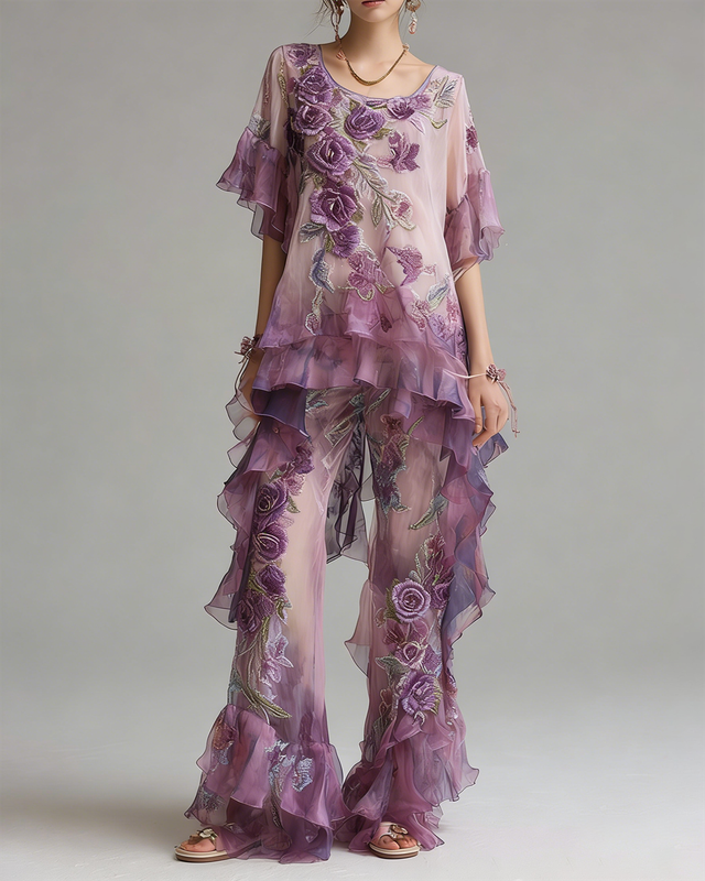 Women's Spring Resort Floral Embroidered Top  & Pants Two-Piece Set 7178