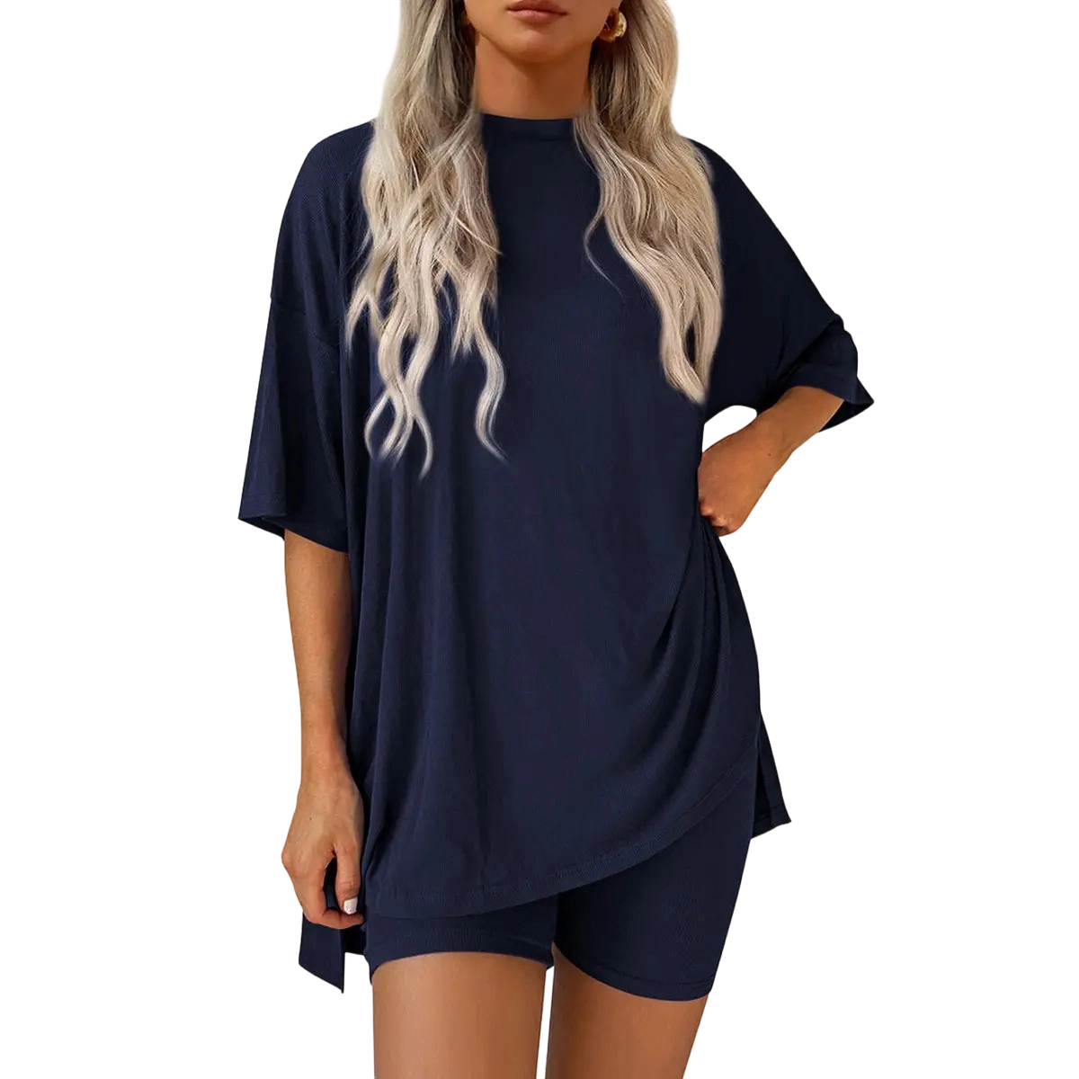 Two-Piece Set For Women Summer Casual Oversized Split Hem Shirts & Side Pocket Biker Shorts Minimalist Lounge Wear Soft Viscose Fabric