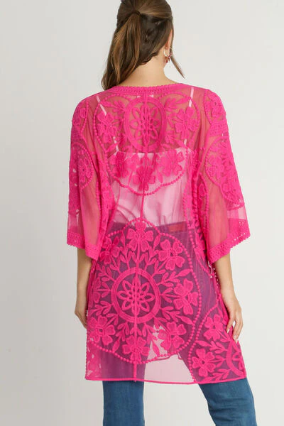 Floral Lace Open Front Kimono Sleevee Cover Up with Waist Tie