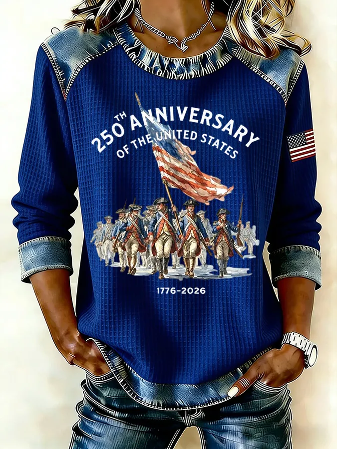 Ladies' Leisure 250Th Anniversary Celebration Splicing Color Contrasting Long Sleeve T-Shirt