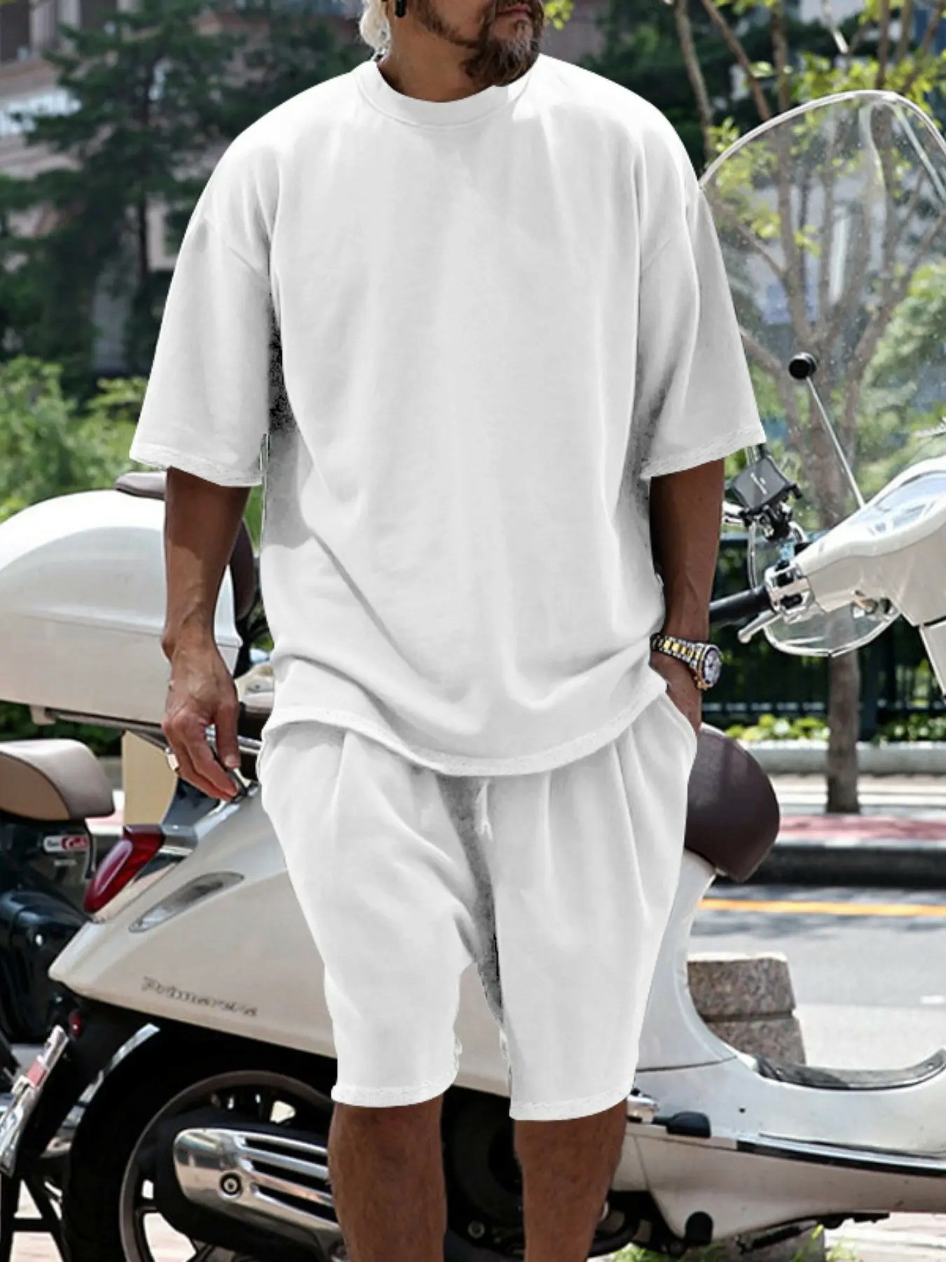 Men's Summer Casual Set, Pure Color Round Neck Short Sleeve Tee & Shorts