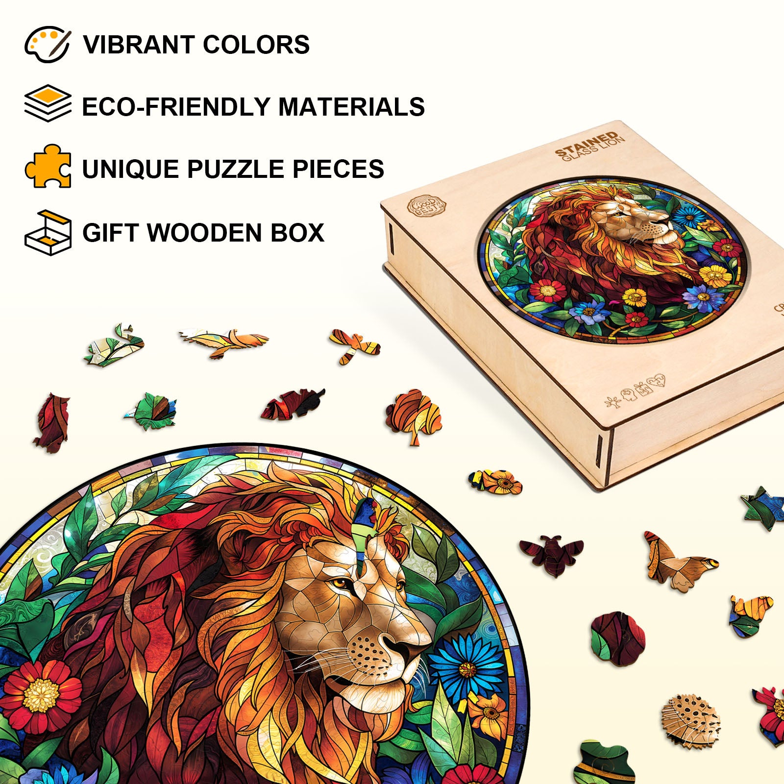 Stained Glass Lion Wooden Jigsaw Puzzle