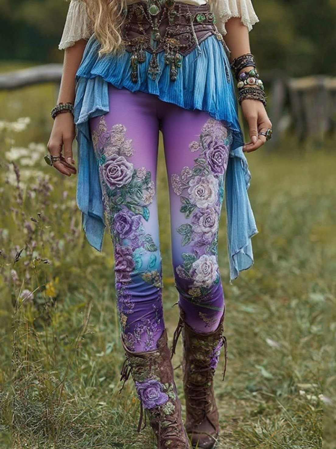 Vintage Purple Lavender And Floral Embroidered Casual Leggings