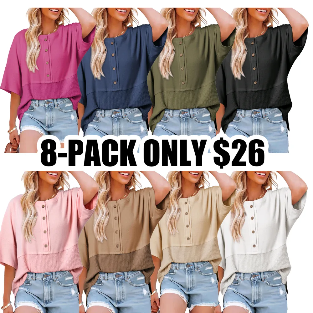 Dokotoo Women's 2025 Waffle Knit Patchwork Tops – Casual Oversized Button Down 3/4 Sleeve Shirt Blouse