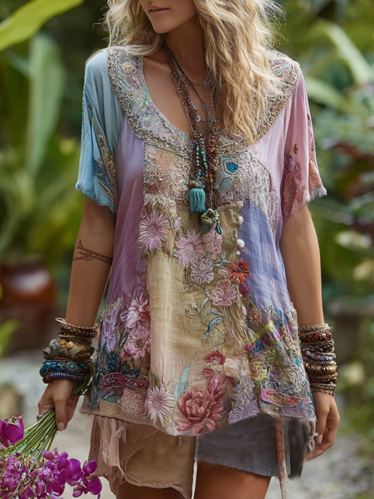 Classy Vintage Floral Splicing Cotton And Linen Short Sleeve T-shirt