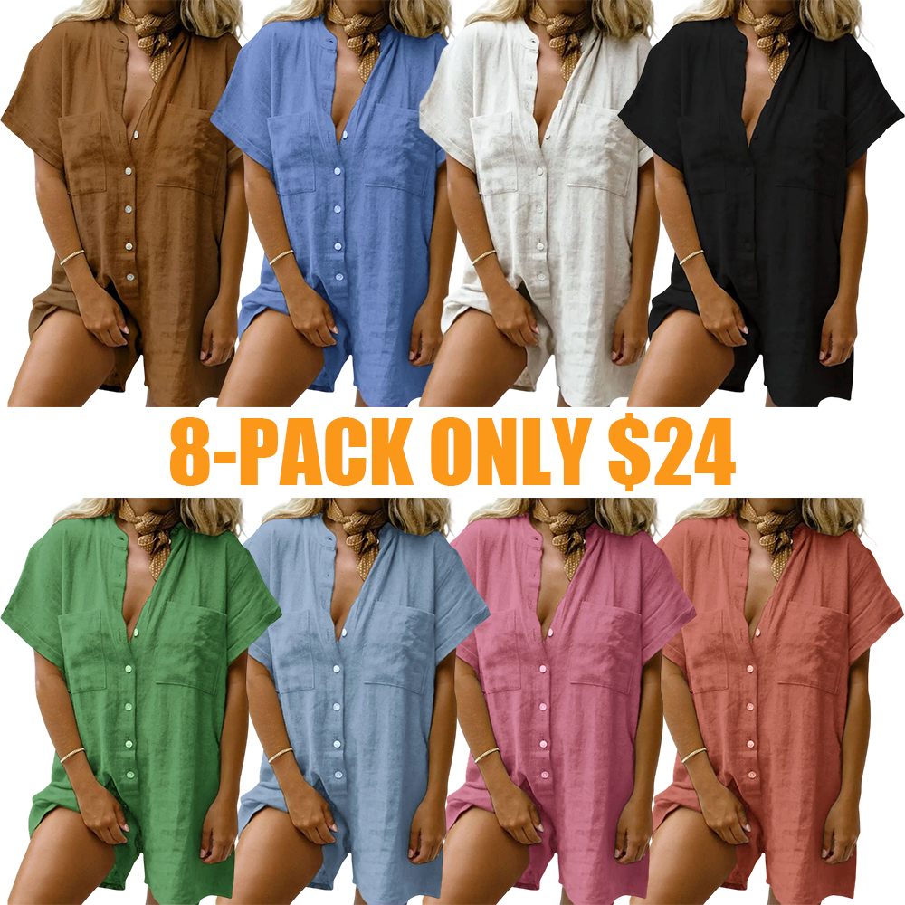 Women Summer Shorts Romper Button Down Wide Leg Cotton Linen Shortalls Jumpsuit