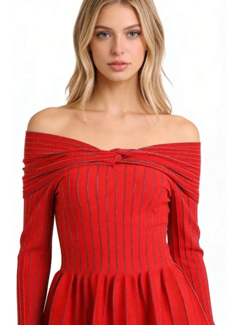 ESTHER KNIT STRIPE RUCHED OFF-SHOULDER TOP