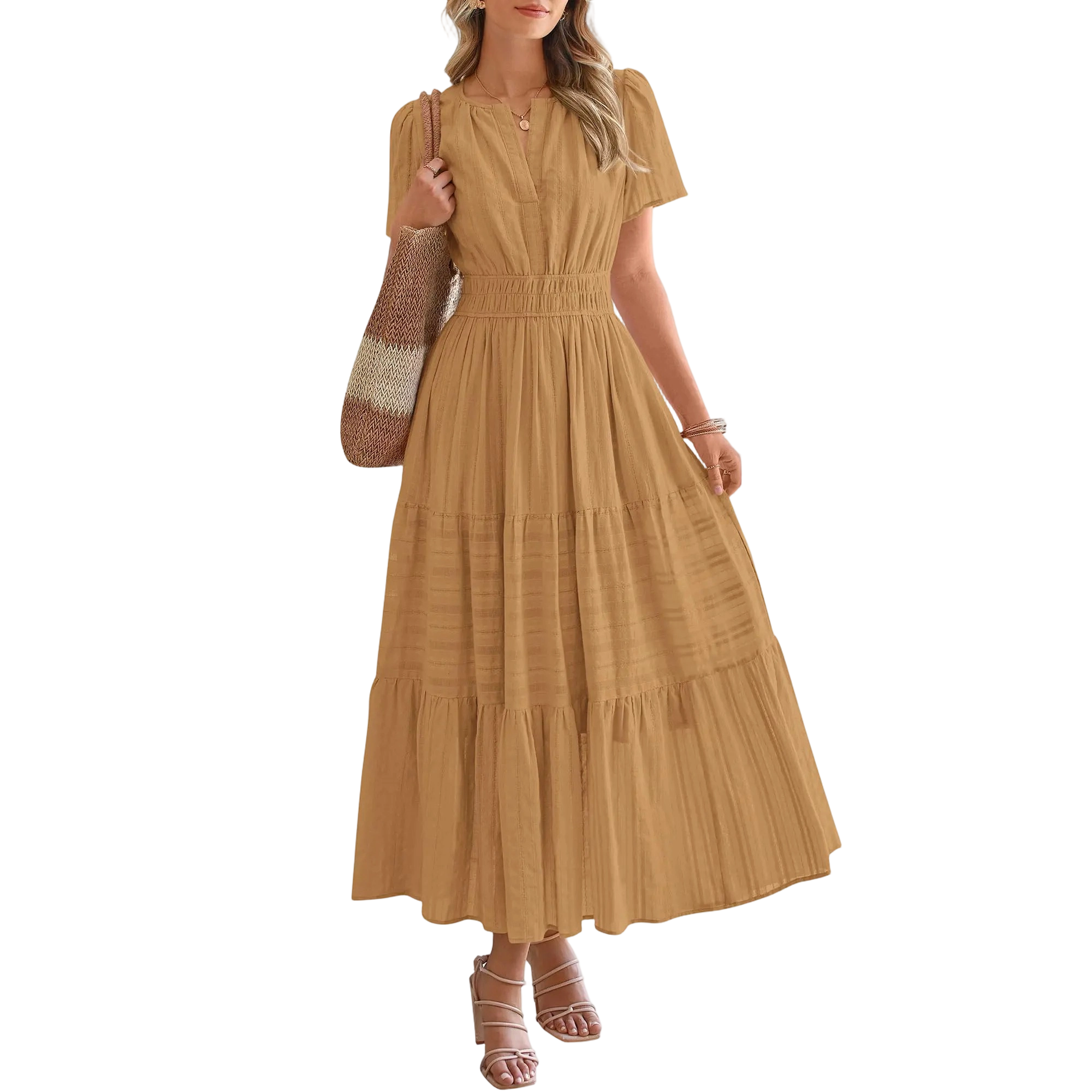 Women's Summer 2026 Casual Maxi Dress Lightweight Short Sleeve V Neck Boho Dress with Pockets