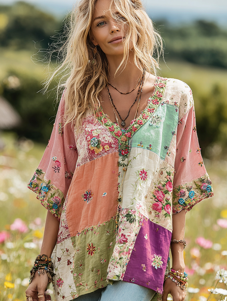 Women's Vintage Floral Print V-neck T-shirt