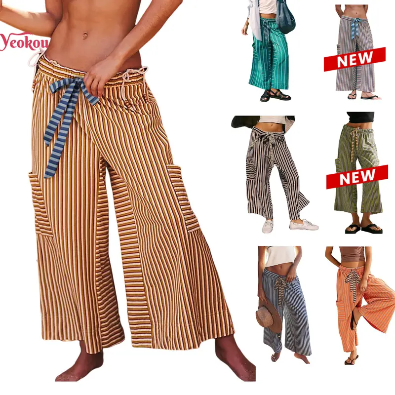 Women Drawstring Striped Pants Loose Wide Leg Lounge Pants Casual Palazzo Pants Trousers with Pockets Bottom Oversize