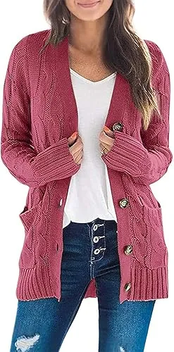 Women's Fall Casual Long Sleeve Button Down Open Front Cable Knit Cardigan