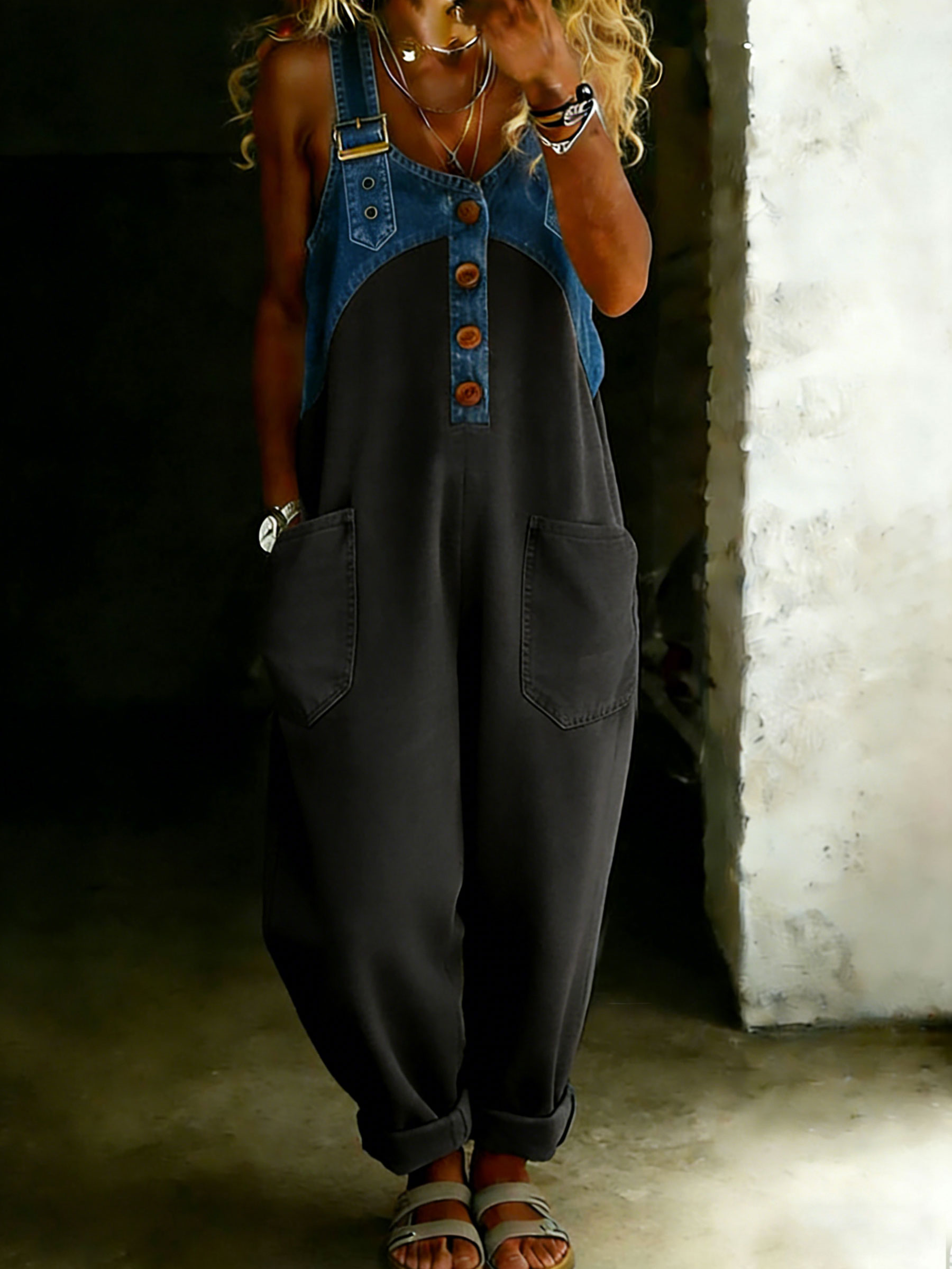 Women’s Casual One Piece Denim Denim Patchwork Jumpsuit