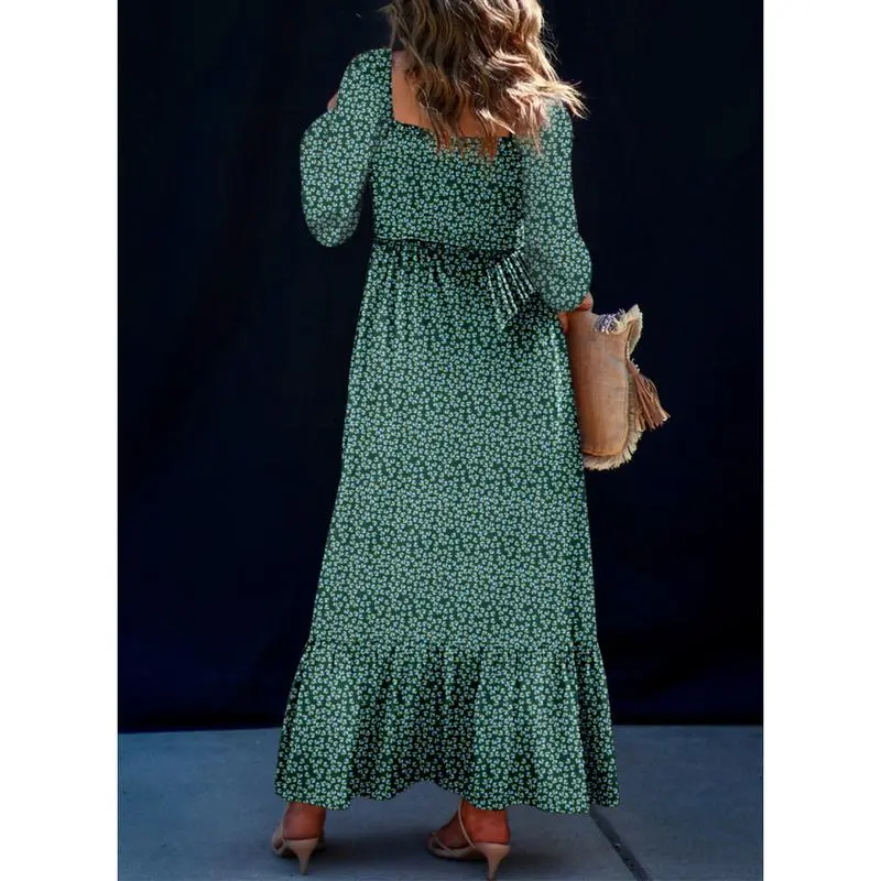 Women’s Long Sleeve Boho Dress – Square Neck & Button Detail