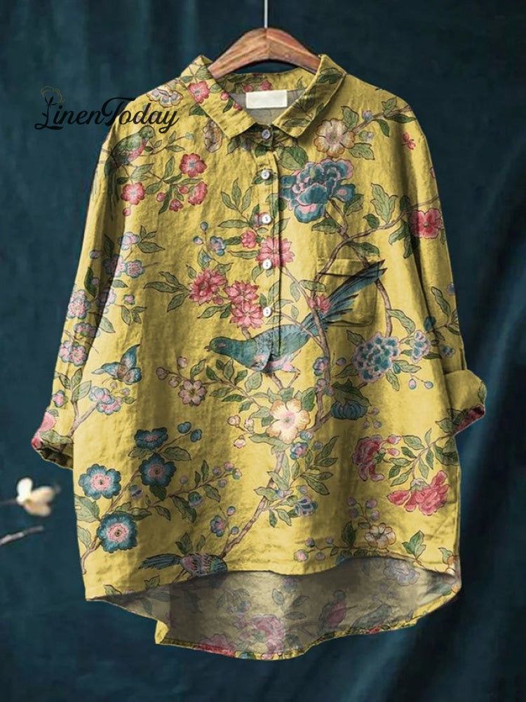 Women's Flower Print Casual Cotton And Linen Shirt