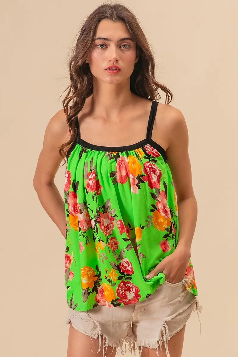 Floral Print Jersey Knit Gathering Cami Top