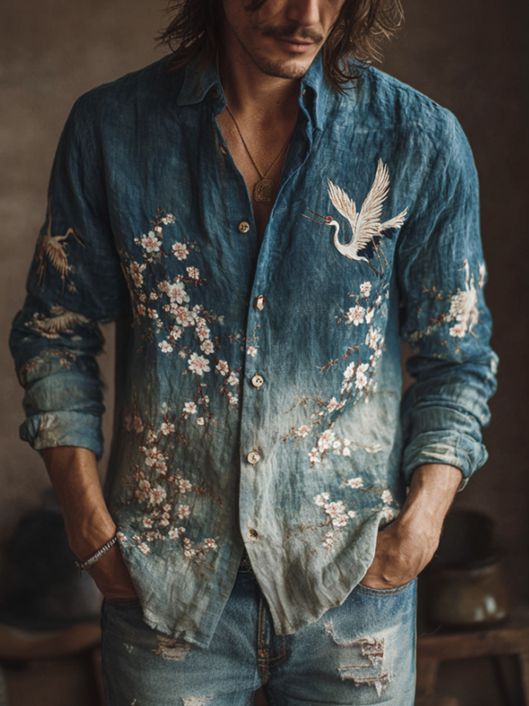 Japanese Style Crane And Cherry Blossom Tree Gradient Pattern Men's Linen Long Sleeve Shirt