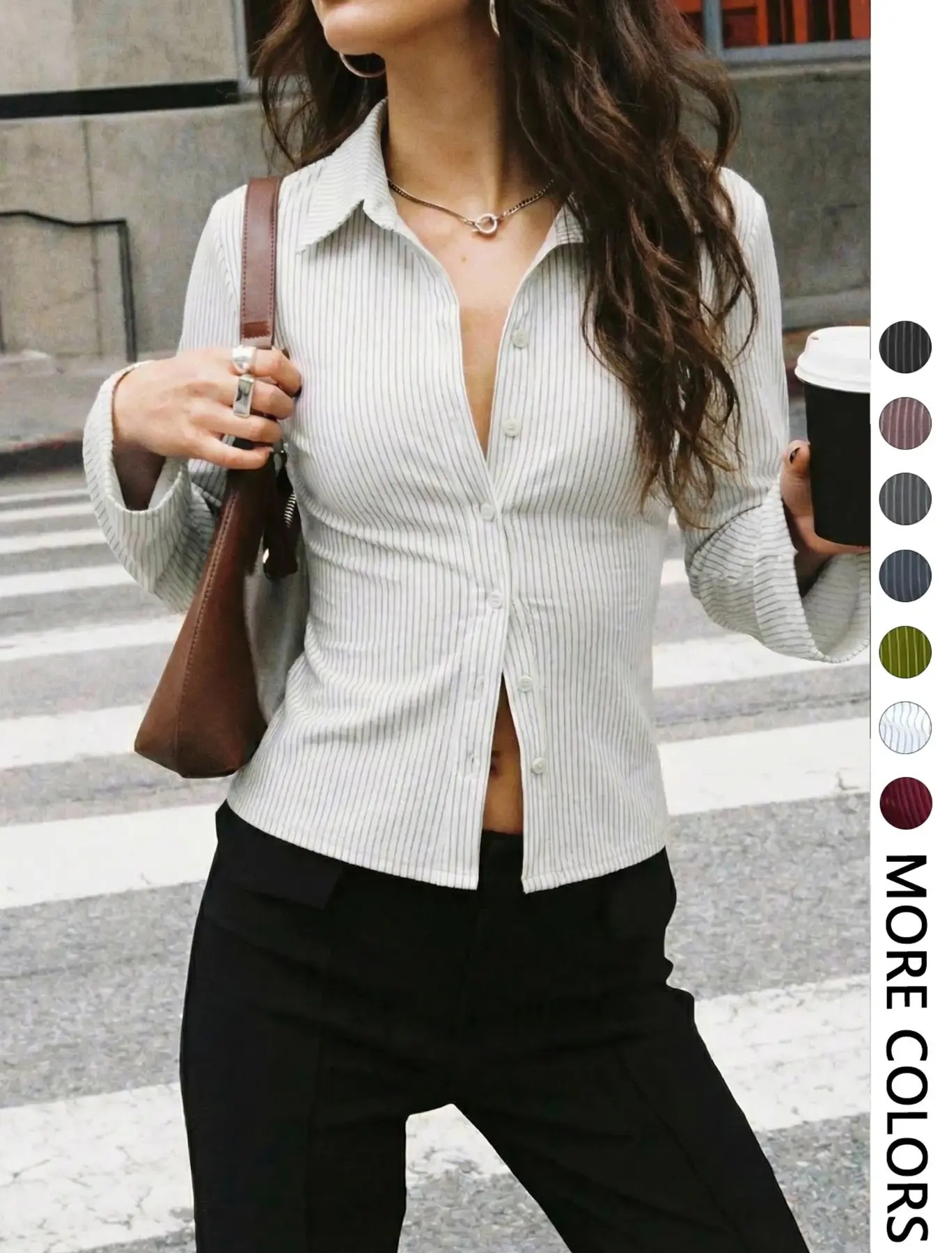 Women's All-Over Striped Print Button Front Blouse