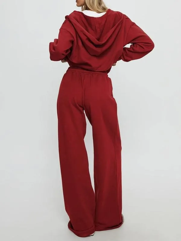 Women Fall Winter Long Sleeve Zipper Hoodie & Pants 2 Piece Set