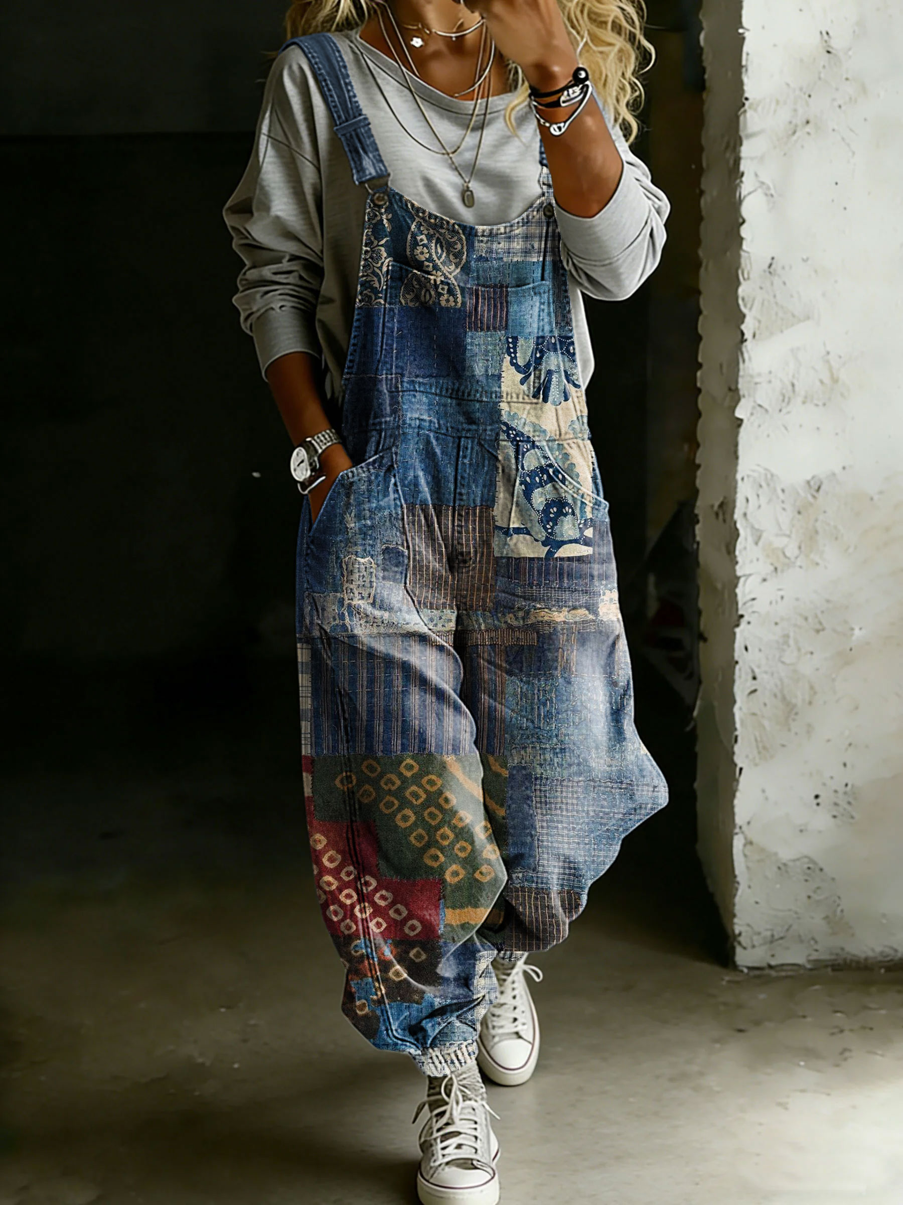 Women’s Patchwork Print Casual One Piece Denim Jumpsuit