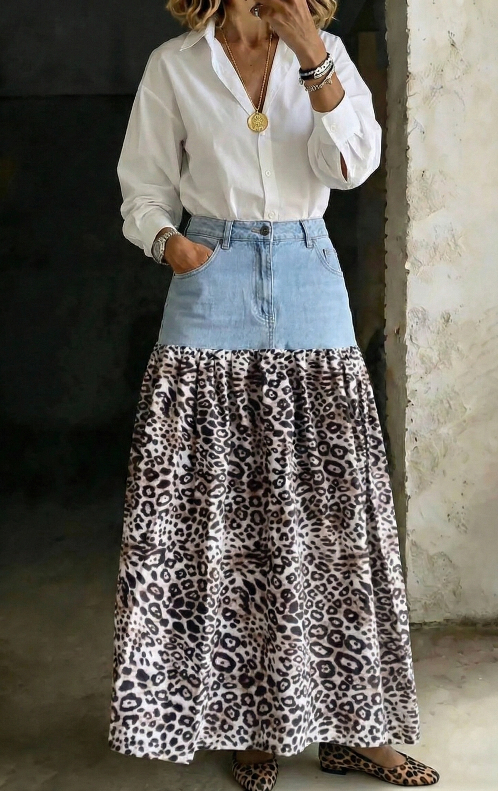 Women‘s Fashion Design Denim Leopard Print Patchwork Skirt
