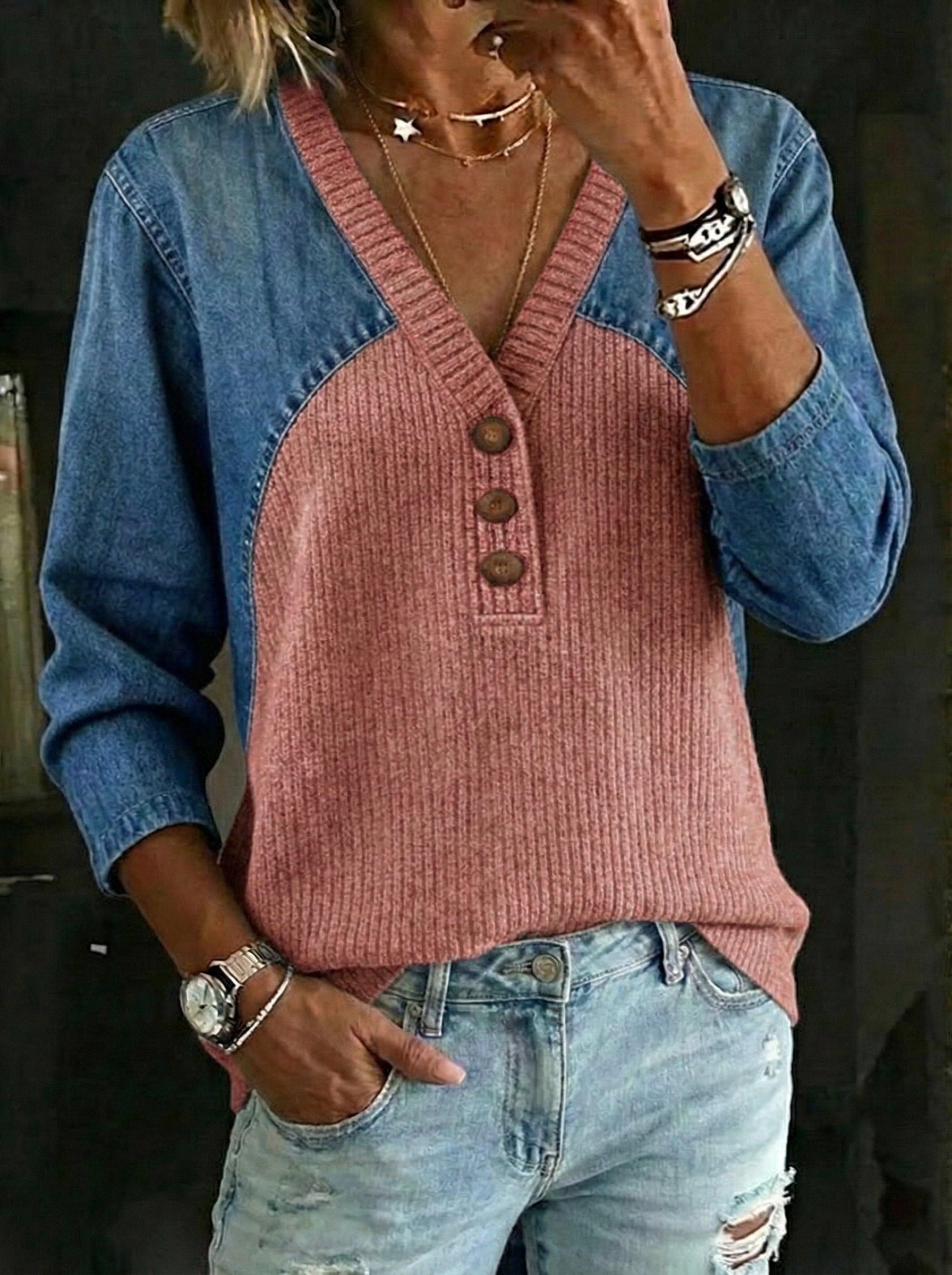 Women's Retro Casual Denim And Cotton Knit Sweater