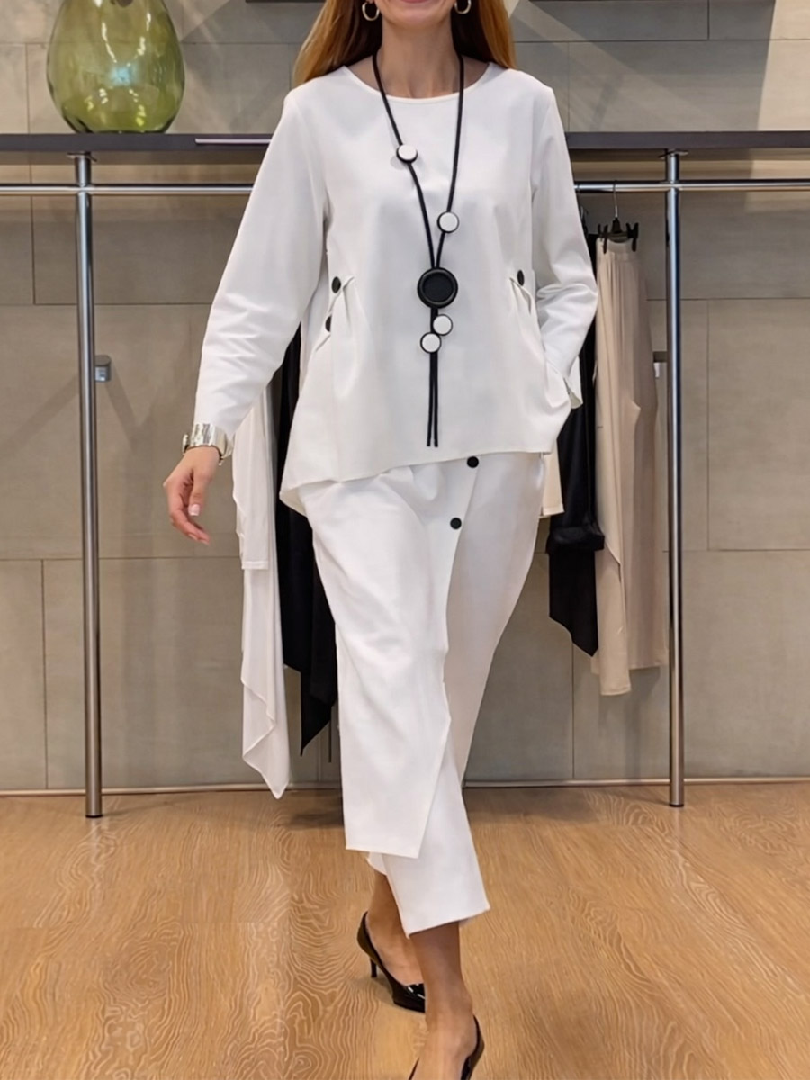 Women's Solid Color Round Neck Long Sleeve Casual Loose Top And High Waist Casual Loose Wide Leg Pants Cotton Set