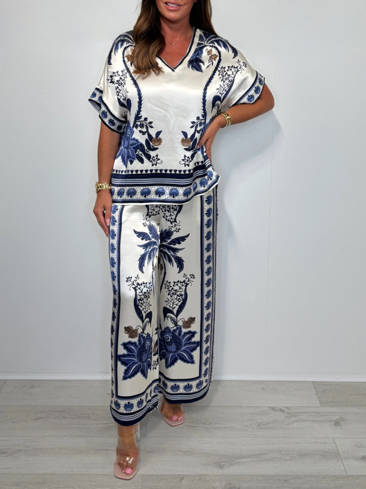 Women's V-neck Printed Satin Casual Suit