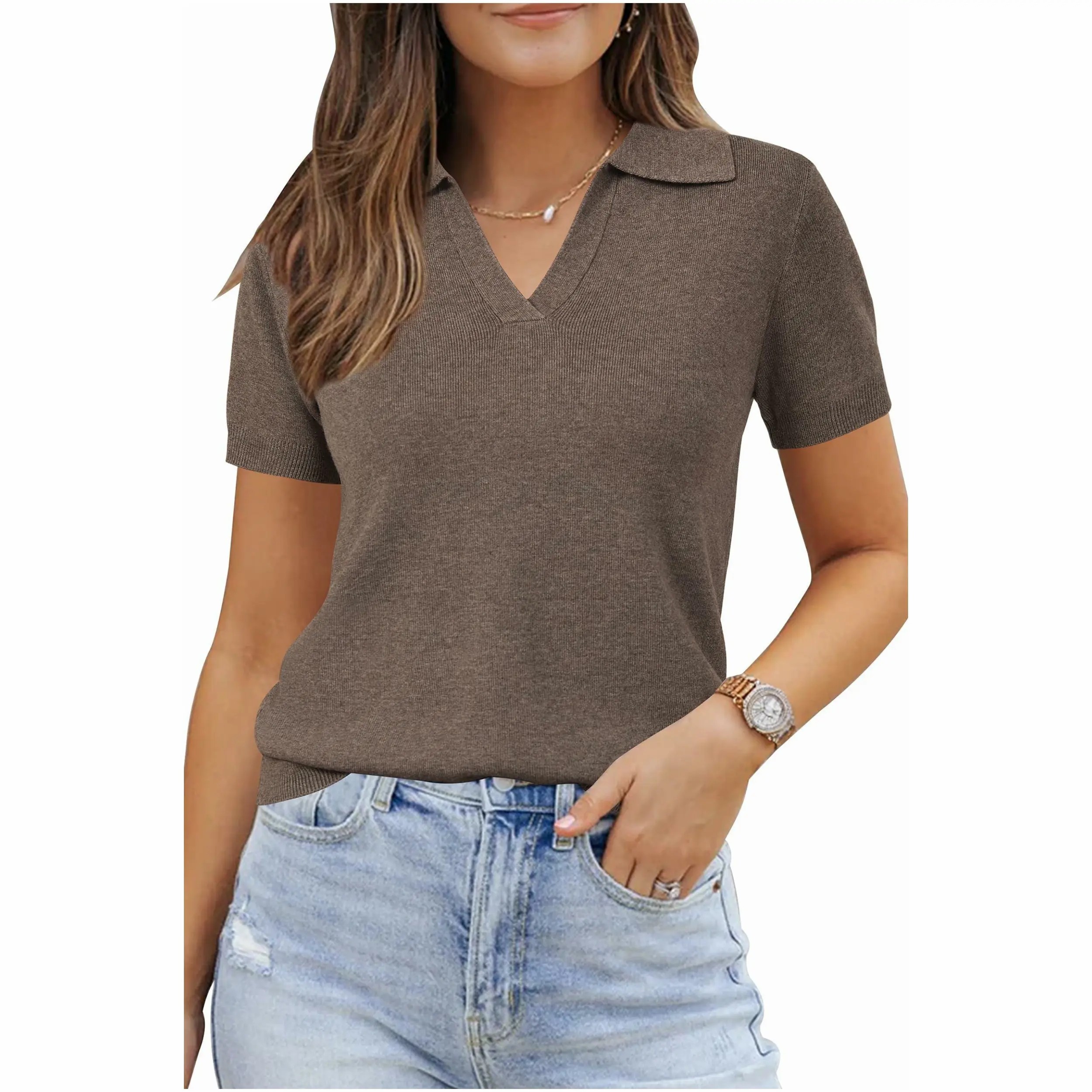 🔥Easter Sale Ends Soon!Womens Wool Blend Polo Shirts Summer Sweater Tops Short Sleeve