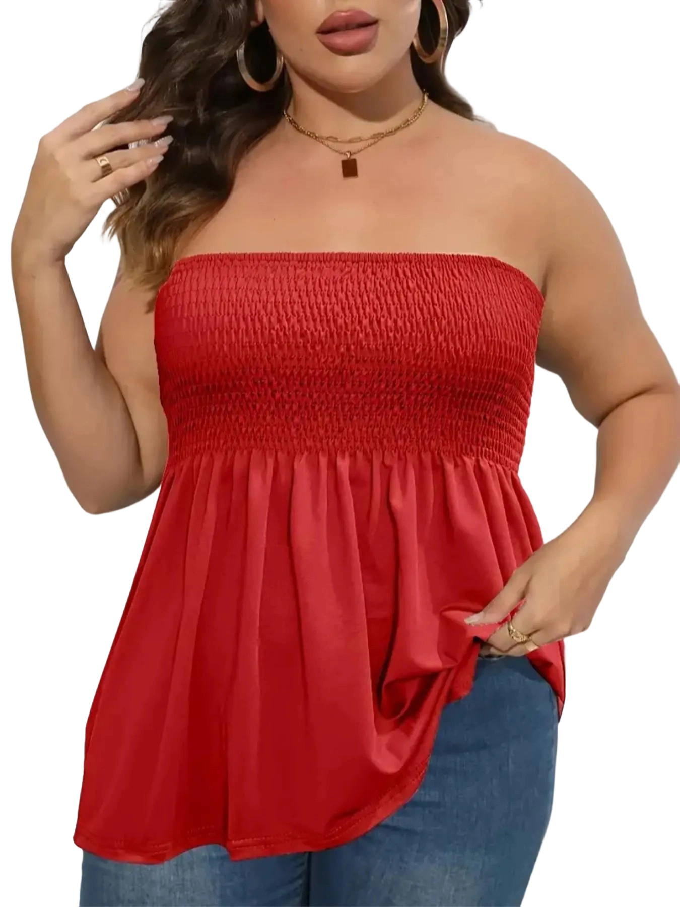 Women's n Strapless Top Plus Size Solid Ruffle Hem Shirred Tube Top