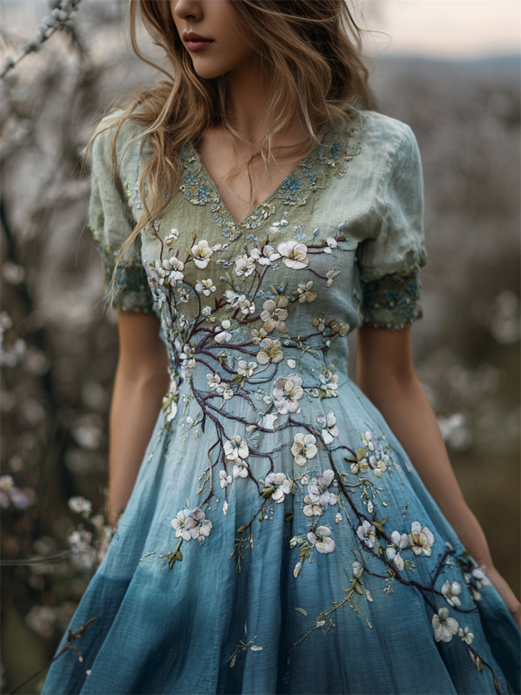 Almond Blossom Embroidered Gradient Linen Maxi Dress