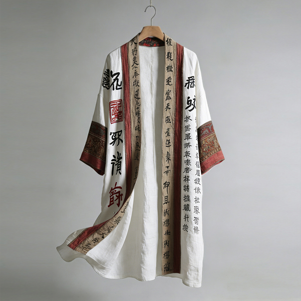Men's Retro Calligraphy And Painting Art Linen Long Kimono