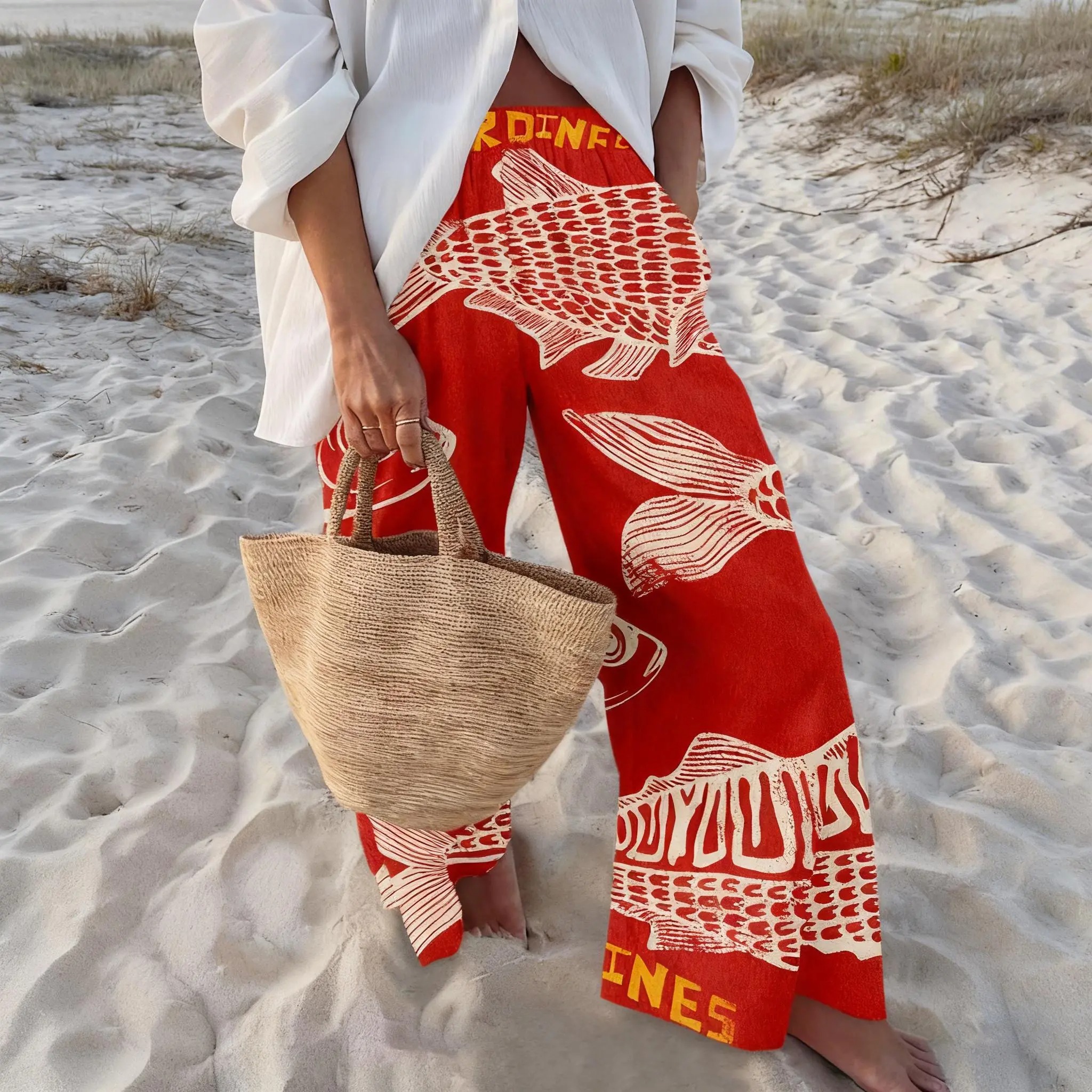 Women's Retro Nautical-Style Sardine Print Wide-Leg Pants with Contrasting Painted Loose and Comfortable