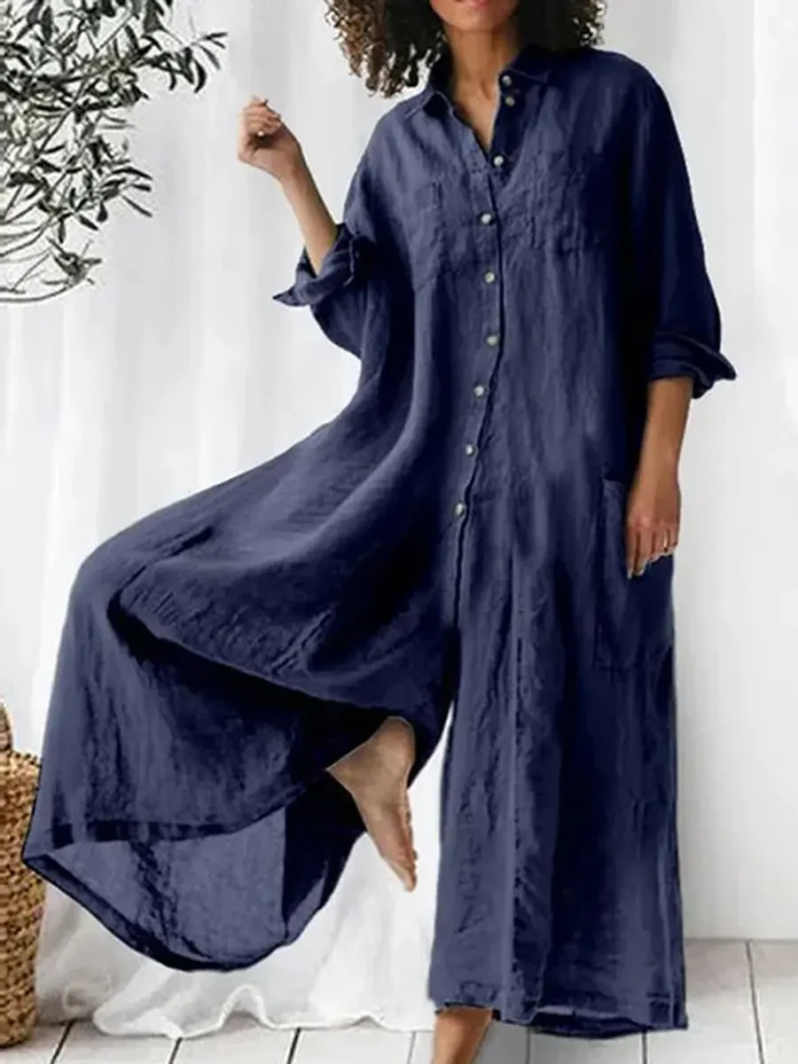 Women's Solid Color Art Casual Long Sleeve Cotton Linen Jumpsuit